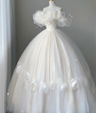 Timeless Ball Gown Off The Shoulder Short Sleeves Tulle Flowers Wedding Dresses Brides Dress HZ1214