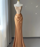 Pretty Mermaid Strapless Satin Sleeveless Long Prom Dresses Evening Dresses HZ1214