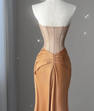 Pretty Mermaid Strapless Satin Sleeveless Long Prom Dresses Evening Dresses HZ1214