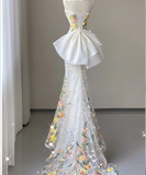 Pretty Mermaid Strapless Lace White Sleeveless Long Prom Dresses Evening Dresses HZ1214