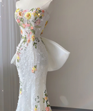 Pretty Mermaid Strapless Lace White Sleeveless Long Prom Dresses Evening Dresses HZ1214