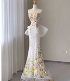 Pretty Mermaid Strapless Lace White Sleeveless Long Prom Dresses Evening Dresses HZ1214