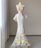 Pretty Mermaid Strapless Lace White Sleeveless Long Prom Dresses Evening Dresses HZ1214