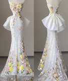 Pretty Mermaid Strapless Lace White Sleeveless Long Prom Dresses Evening Dresses HZ1214