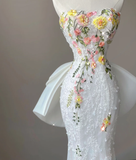 Pretty Mermaid Strapless Lace White Sleeveless Long Prom Dresses Evening Dresses HZ1214