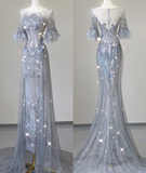 Pretty Mermaid Scoop Lace Short Sleeves Long Silver Prom Dresses Evening Dresses HZ1214