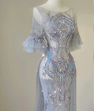 Pretty Mermaid Scoop Lace Short Sleeves Long Silver Prom Dresses Evening Dresses HZ1214