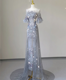 Pretty Mermaid Scoop Lace Short Sleeves Long Silver Prom Dresses Evening Dresses HZ1214