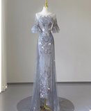 Pretty Mermaid Scoop Lace Short Sleeves Long Silver Prom Dresses Evening Dresses HZ1214