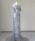 Pretty Mermaid Scoop Lace Short Sleeves Long Silver Prom Dresses Evening Dresses HZ1214