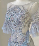 Pretty Mermaid Scoop Lace Short Sleeves Long Silver Prom Dresses Evening Dresses HZ1214