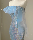 Pretty Mermaid Strapless Blue Sequin Long Silver Prom Dresses Evening Dresses HZ1214