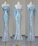 Pretty Mermaid Strapless Blue Sequin Long Silver Prom Dresses Evening Dresses HZ1214