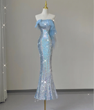 Pretty Mermaid Strapless Blue Sequin Long Silver Prom Dresses Evening Dresses HZ1214