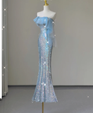 Pretty Mermaid Strapless Blue Sequin Long Silver Prom Dresses Evening Dresses HZ1214
