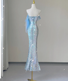 Pretty Mermaid Strapless Blue Sequin Long Silver Prom Dresses Evening Dresses HZ1214