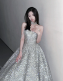 Pretty Ball Gown Strapless Sequin Long Silver Prom Dresses Sparkly Evening Dresses HZ1214