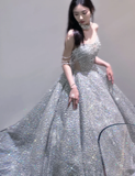Pretty Ball Gown Strapless Sequin Long Silver Prom Dresses Sparkly Evening Dresses HZ1214
