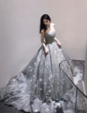 Pretty Ball Gown Strapless Sequin Long Silver Prom Dresses Sparkly Evening Dresses HZ1214