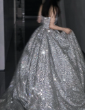 Pretty Ball Gown Strapless Sequin Long Silver Prom Dresses Sparkly Evening Dresses HZ1214