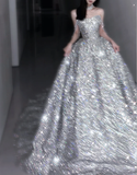 Pretty Ball Gown Strapless Sequin Long Silver Prom Dresses Sparkly Evening Dresses HZ1214