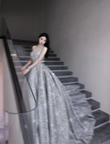 Pretty Ball Gown Strapless Sequin Long Silver Prom Dresses Sparkly Evening Dresses HZ1214