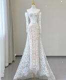 Classy Elegant Mermaid Off The Shoulder White Long Sleeves Lace Wedding Dresses Brides Dress HZ1214