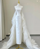 Unique Sheath Strapless Neckline Satin Long Wedding Dresses White Brides Dress HZ1214
