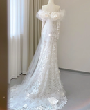 Classy Elegant Mermaid Off The Shoulder White Long Sleeves Flowers Wedding Dresses Brides Dress HZ1214