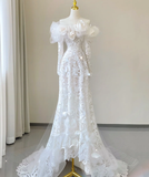 Classy Elegant Mermaid Off The Shoulder White Long Sleeves Flowers Wedding Dresses Brides Dress HZ1214