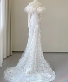 Classy Elegant Mermaid Off The Shoulder White Long Sleeves Flowers Wedding Dresses Brides Dress HZ1214