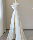 Unique A line Strapless Neckline Satin Long Wedding Dresses White Brides Dress HZ1214