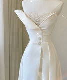 Unique A line Strapless Neckline Satin Long Wedding Dresses White Brides Dress HZ1214