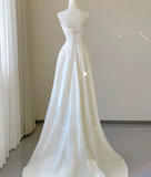 Unique A line Strapless Neckline Satin Long Wedding Dresses White Brides Dress HZ1214