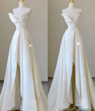 Unique A line Strapless Neckline Satin Long Wedding Dresses White Brides Dress HZ1214