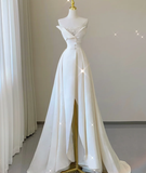 Unique A line Strapless Neckline Satin Long Wedding Dresses White Brides Dress HZ1214