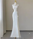 Classy Elegant Mermaid One Shoulder White Long Satin Wedding Dresses Brides Dress HZ1214