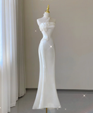 Classy Elegant Mermaid One Shoulder White Long Satin Wedding Dresses Brides Dress HZ1214