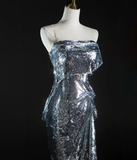 Pretty Mermaid Strapless Sleeveless Sequin Long Silver Prom Dresses Simple Evening Dresses HZ1214
