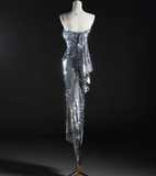 Pretty Mermaid Strapless Sleeveless Sequin Long Silver Prom Dresses Simple Evening Dresses HZ1214