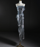 Pretty Mermaid Strapless Sleeveless Sequin Long Silver Prom Dresses Simple Evening Dresses HZ1214