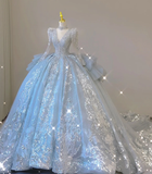 Timeless Ball Gown V Neckline Sequin Blue Long Sleeves Wedding Dresses Brides Dress HZ1214