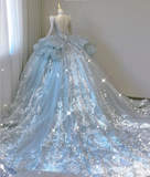 Timeless Ball Gown V Neckline Sequin Blue Long Sleeves Wedding Dresses Brides Dress HZ1214