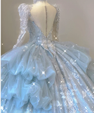Timeless Ball Gown V Neckline Sequin Blue Long Sleeves Wedding Dresses Brides Dress HZ1214