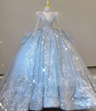 Timeless Ball Gown V Neckline Sequin Blue Long Sleeves Wedding Dresses Brides Dress HZ1214