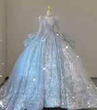 Timeless Ball Gown V Neckline Sequin Blue Long Sleeves Wedding Dresses Brides Dress HZ1214