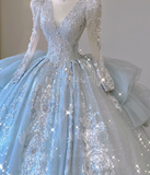 Timeless Ball Gown V Neckline Sequin Blue Long Sleeves Wedding Dresses Brides Dress HZ1214