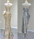 Pretty Mermaid Strapless Sleeveless Sequin Long Prom Dresses Simple Evening Dresses HZ1214