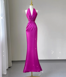 Pretty Mermaid Halter Pink Satin Long Prom Dresses Evening Dresses HZ1214