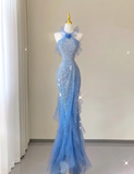 Pretty Mermaid Halter Blue Sequin Sleeveless Long Prom Dresses Evening Dresses HZ1214